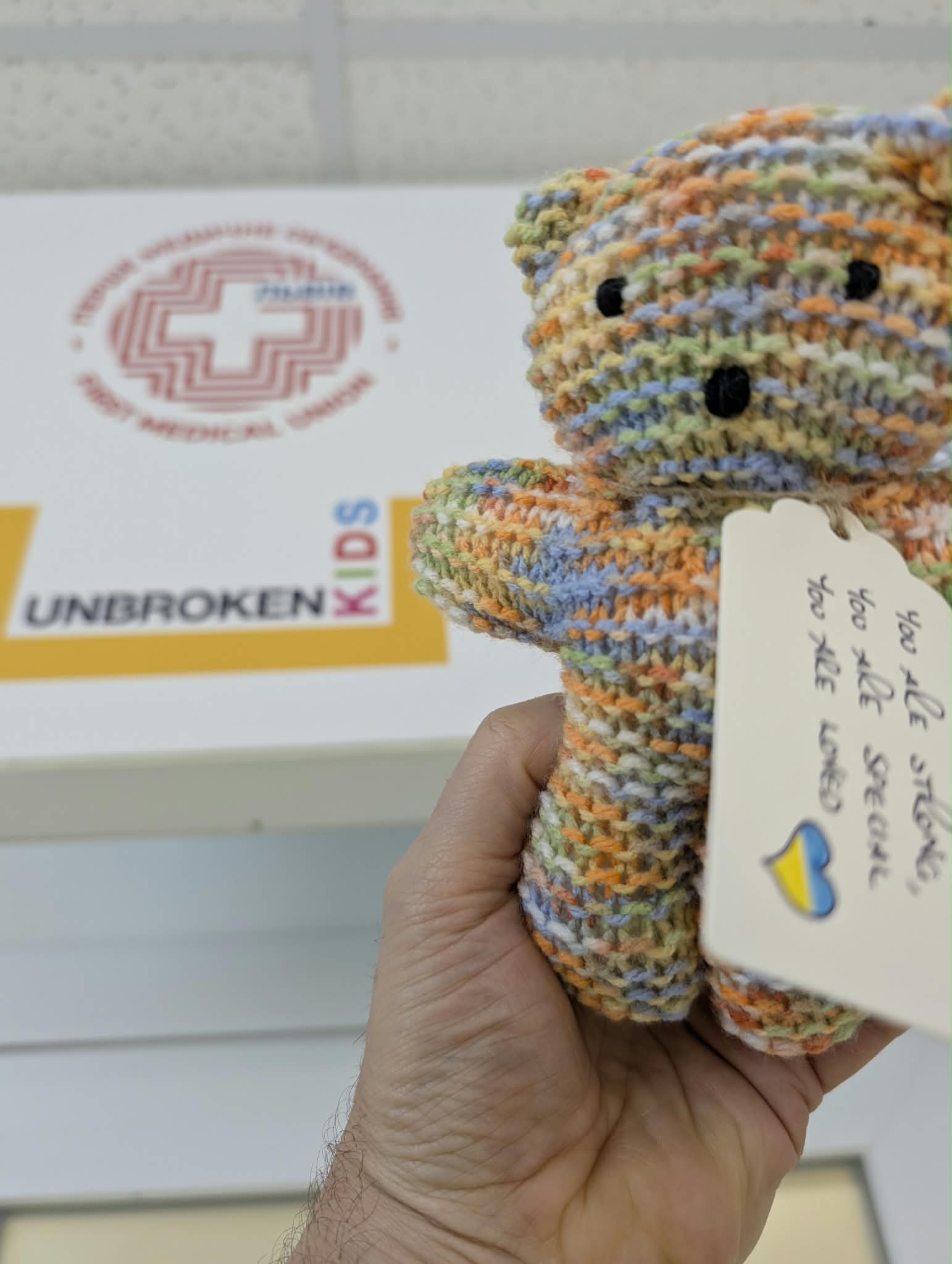 A handmade bear with a note for a child at St Nicholas Children’s Hospital